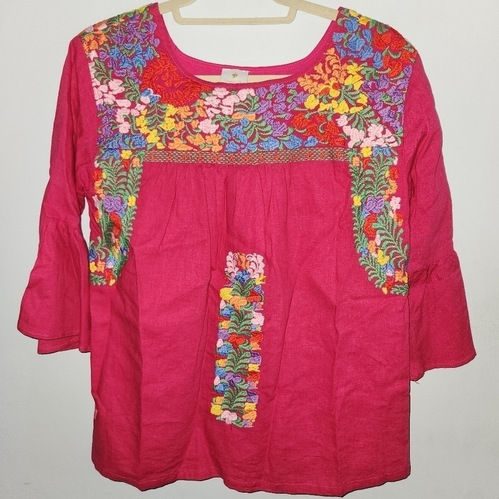 J.Marie Embroidered Blouse Linen Blend XS Hot Pink Floral Boho